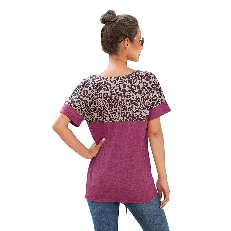 CINESSD Women Short Sleeves Tee Shirts Round Neck Leopard Patchwork Pocket Sequin Tops 2020 Knotted Spring Summer Loose Tshirt - dianjiang-