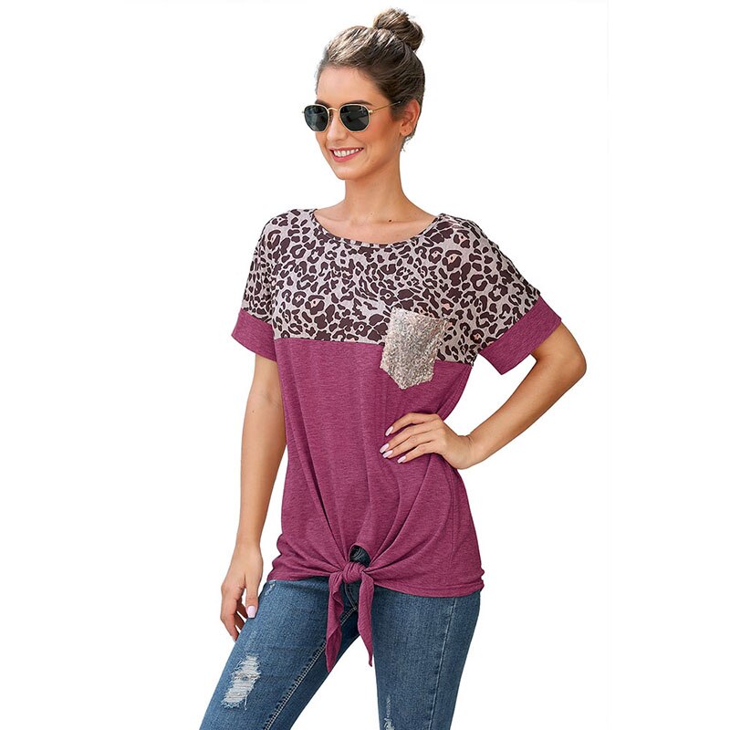 CINESSD Women Short Sleeves Tee Shirts Round Neck Leopard Patchwork Pocket Sequin Tops 2020 Knotted Spring Summer Loose Tshirt - dianjiang-