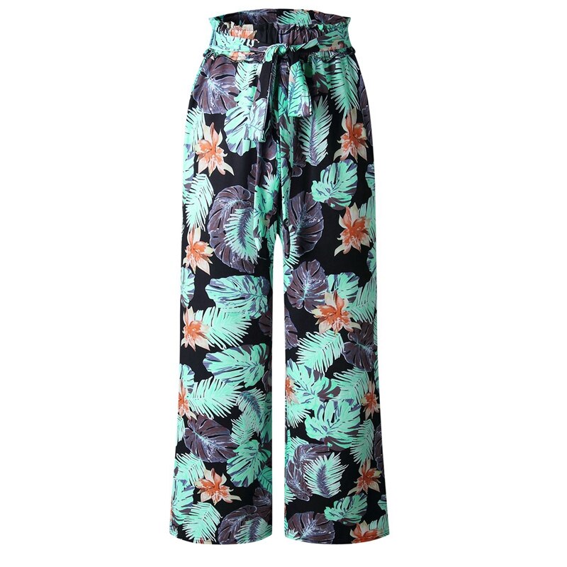 Summer Vintage Boho Wide Leg Pants High Waist Loose Floral Print Long Women Trousers Casual Beach Pants - dianjiang-