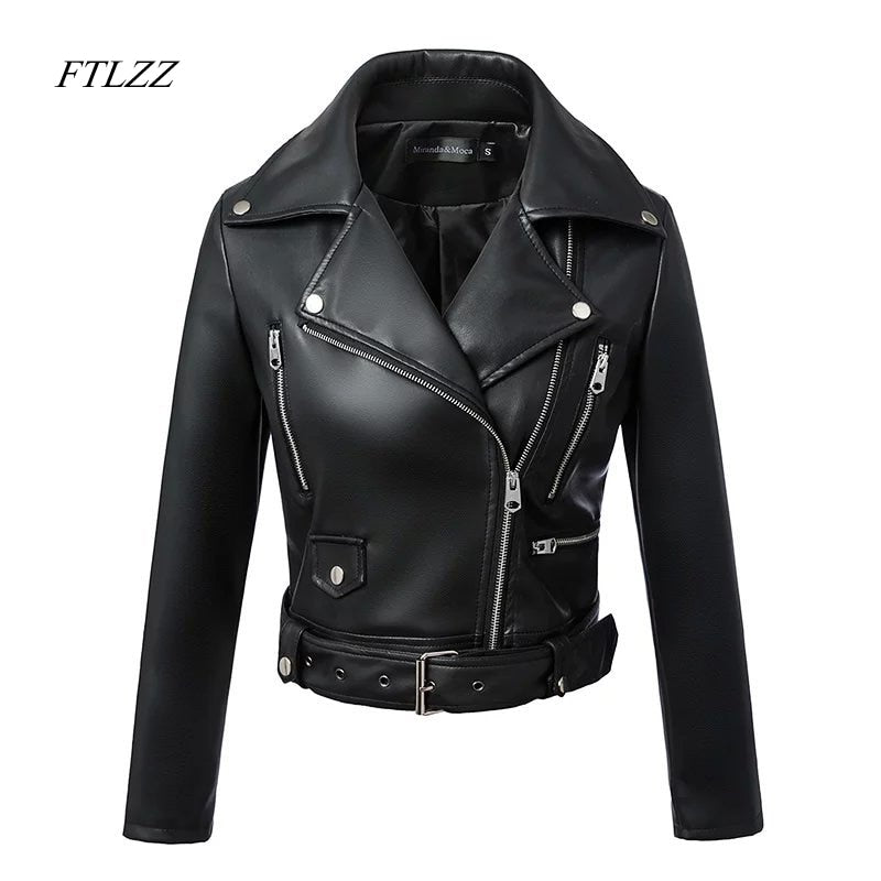 FTLZZ New Women Autumn Winter Black Faux Leather Jackets Zipper Basic Coat Turn-down Collar Motor Biker Jacket With Belt - dianjiang-