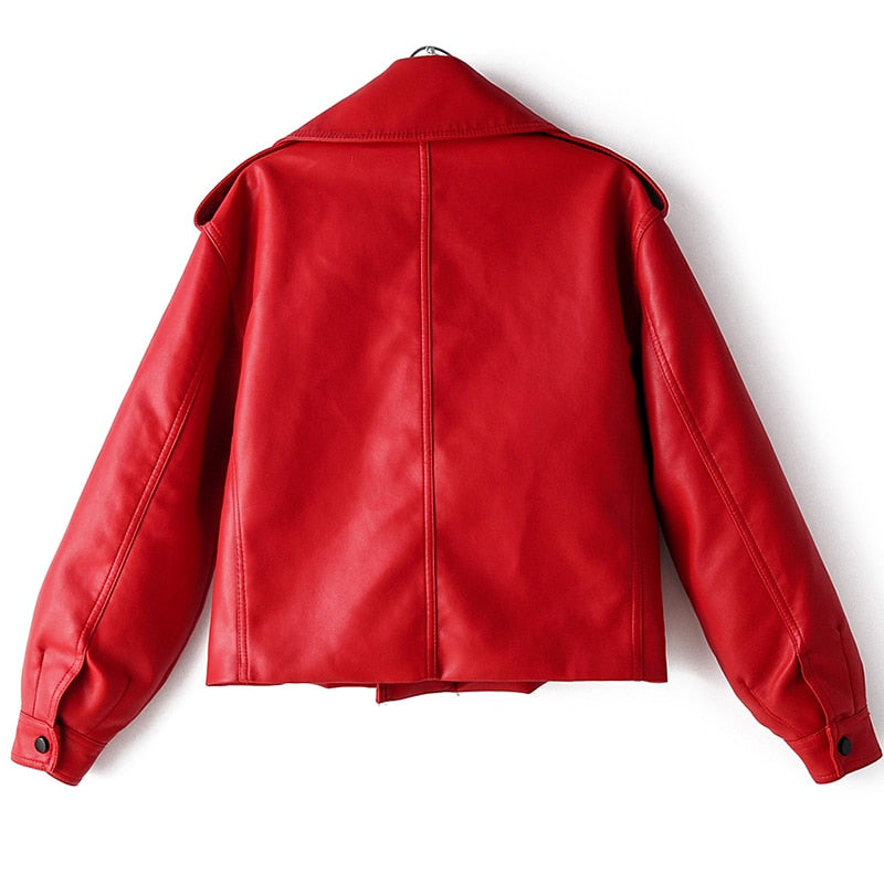 Fitaylor New Autumn Women Faux Leather Jacket Pu Motorcycle Biker Red Coat Turndown Collar Loose Streetwear Black Punk Outerwear - dianjiang-