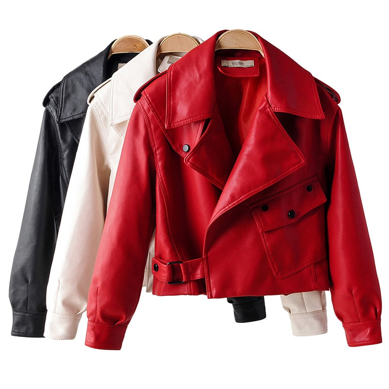 Fitaylor New Autumn Women Faux Leather Jacket Pu Motorcycle Biker Red Coat Turndown Collar Loose Streetwear Black Punk Outerwear - dianjiang-