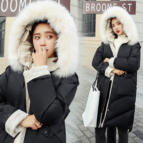 2018 winter fashion hooded long solid color fur collar detachable cotton coat - dianjiang-