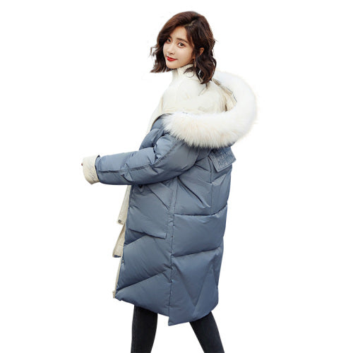 2018 winter fashion hooded long solid color fur collar detachable cotton coat - dianjiang-