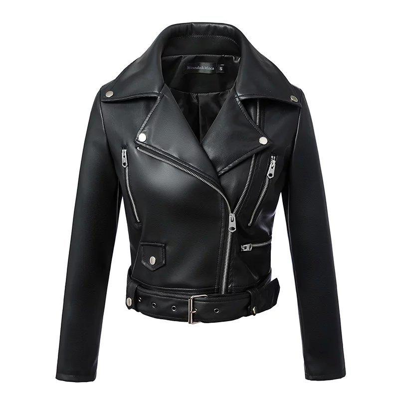 FTLZZ New Women Autumn Winter Black Faux Leather Jackets Zipper Basic Coat Turn-down Collar Motor Biker Jacket With Belt - dianjiang-