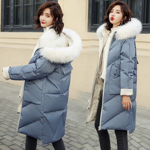 2018 winter fashion hooded long solid color fur collar detachable cotton coat - dianjiang-