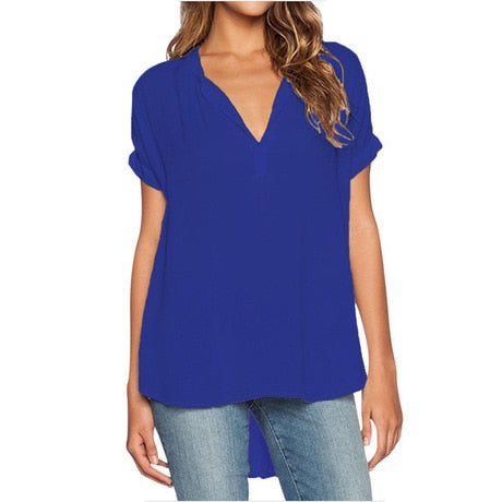 CINESSD Women Casual Tops Chiffon Blouse Sexy V Neck Short Sleeves Solid Loose Tunic Pullover Blue Short Front Long Back Blouses - dianjiang-