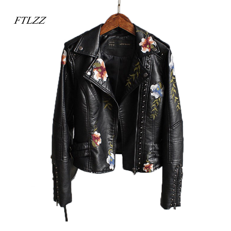 Ftlzz Women Floral Print Embroidery Faux Soft Leather Jacket Coat  Turn-down Collar Casual Pu Motorcycle Black Punk Outerwear - dianjiang-