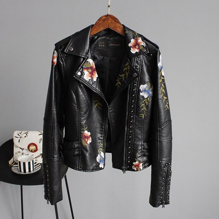 Ftlzz Women Floral Print Embroidery Faux Soft Leather Jacket Coat  Turn-down Collar Casual Pu Motorcycle Black Punk Outerwear - dianjiang-