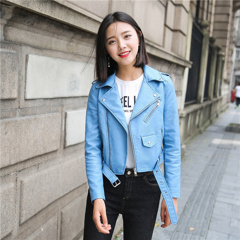 Ftlzz Pu Leather Jacket Women Fashion Bright Colors Black Motorcycle Coat Short Faux Leather Biker Jacket Soft Jacket Female - dianjiang-