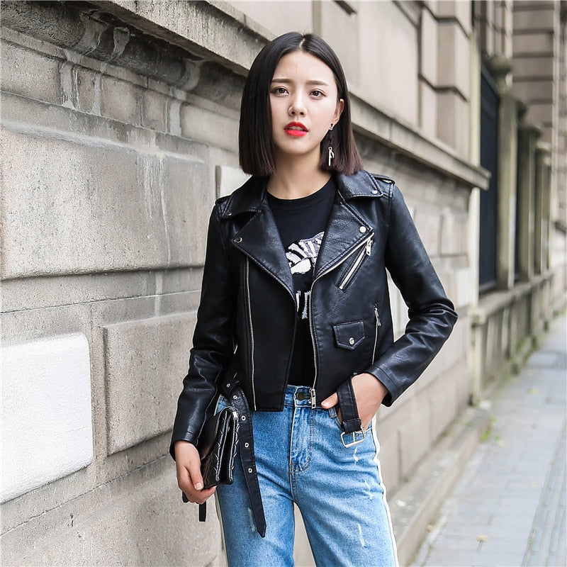 Ftlzz Pu Leather Jacket Women Fashion Bright Colors Black Motorcycle Coat Short Faux Leather Biker Jacket Soft Jacket Female - dianjiang-