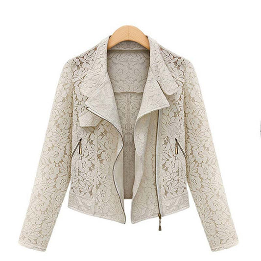 Lace Biker Jacket 2019 Autumn New Brand High Quality Full Lace Outwear Leisure Casual Short Jacket Metal Zipper Jacket FREE SHIP - dianjiang-