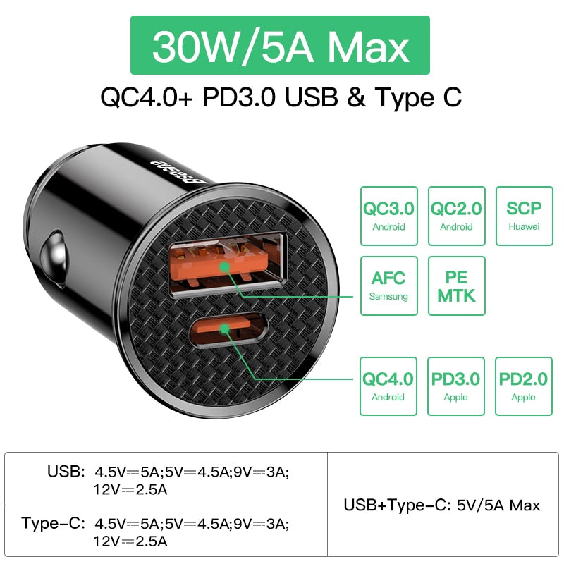 Baseus 30W Quick Charge 4.0 3.0 USB Car Charger For Xiao Mi9 Huawei Supercharge SCP QC4.0 QC3.0 Fast PD USB C Car Phone Charger - dianjiang-