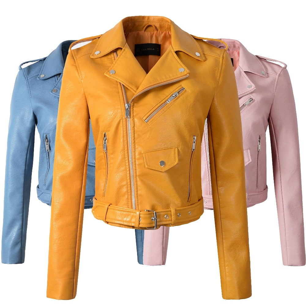 New Arrival 2020 brand Winter Autumn Motorcycle leather jackets yellow leather jacket women leather coat  slim PU jacket Leather - dianjiang-