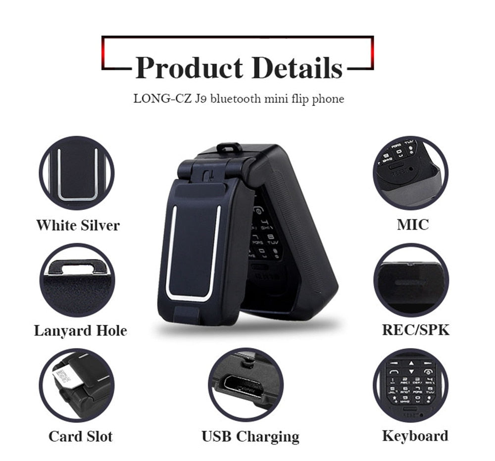 Mini Flip Mobile Phone LONG-CZ J9 0.66" Smallest Cell Phone Wireless Bluetooth Dialer FM Magic Voice Handsfree Earphone For Kids - dianjiang-