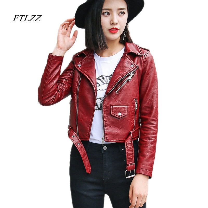 Ftlzz Pu Leather Jacket Women Fashion Bright Colors Black Motorcycle Coat Short Faux Leather Biker Jacket Soft Jacket Female - dianjiang-