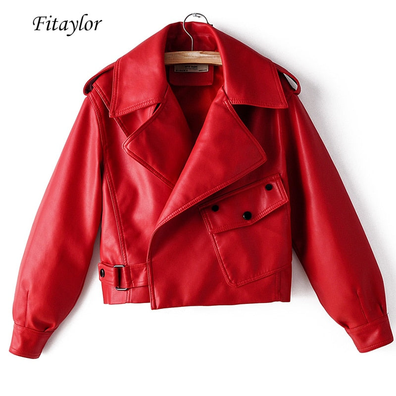 Fitaylor New Autumn Women Faux Leather Jacket Pu Motorcycle Biker Red Coat Turndown Collar Loose Streetwear Black Punk Outerwear - dianjiang-