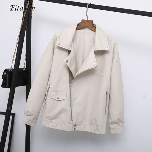 Fitaylor Autumn Women Faux Leather Jacket Casual Loose Soft Pu Motorcycle Punk Leather Coat Female Zipper Rivet Outerwear - dianjiang-