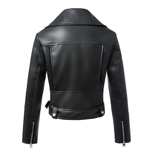 FTLZZ New Women Autumn Winter Black Faux Leather Jackets Zipper Basic Coat Turn-down Collar Motor Biker Jacket With Belt - dianjiang-