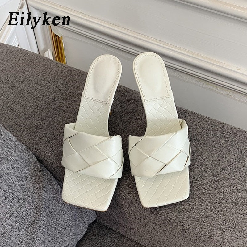 Eilyken Summer New Design Snake Print Square Toe Heels High Quality PU Leather Slippers Gladiator Sandals Womens Slides Shoes - dianjiang-