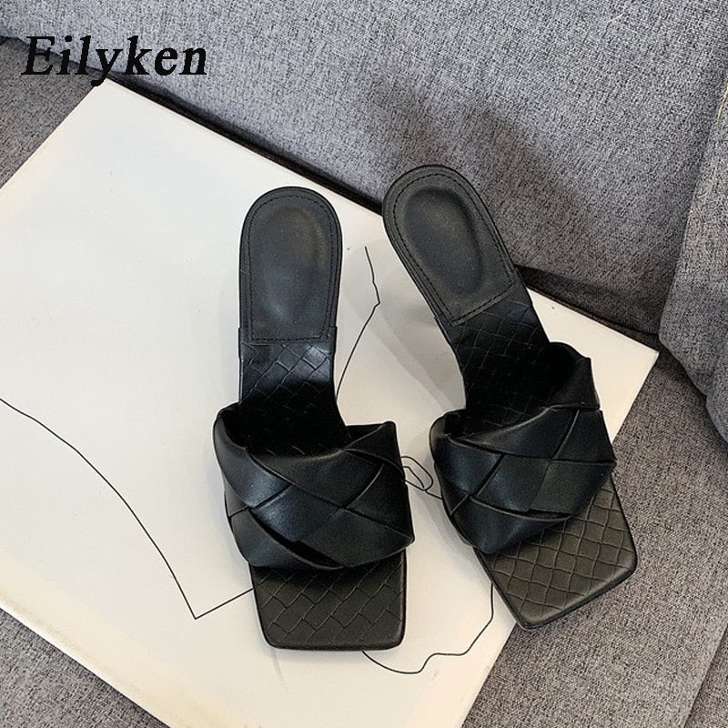 Eilyken Summer New Design Snake Print Square Toe Heels High Quality PU Leather Slippers Gladiator Sandals Womens Slides Shoes - dianjiang-