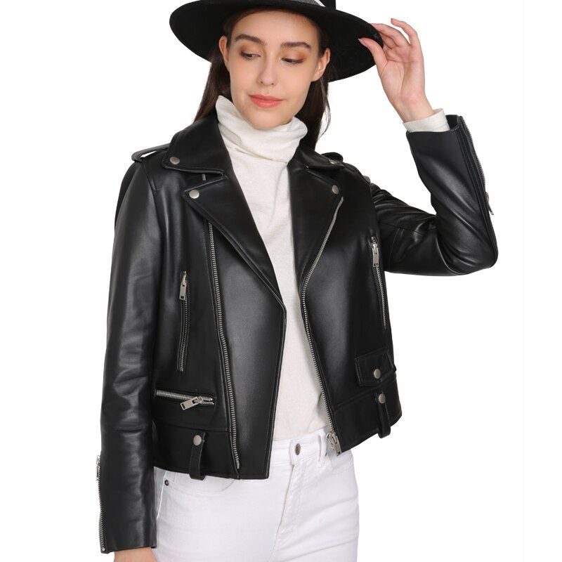 Spring Genuine Leather Jacket Women 2019 Fashion Real Sheepskin Coat Rivet Motorcycle Biker Jacket Female Sheep Leather Coat - dianjiang-