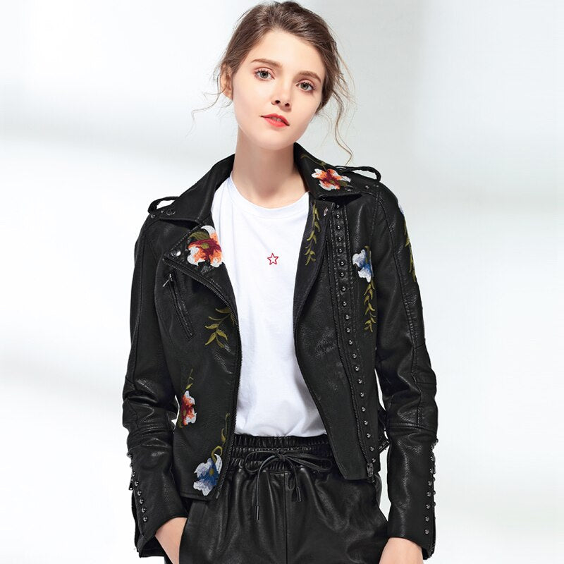 Ftlzz Women Floral Print Embroidery Faux Soft Leather Jacket Coat  Turn-down Collar Casual Pu Motorcycle Black Punk Outerwear - dianjiang-