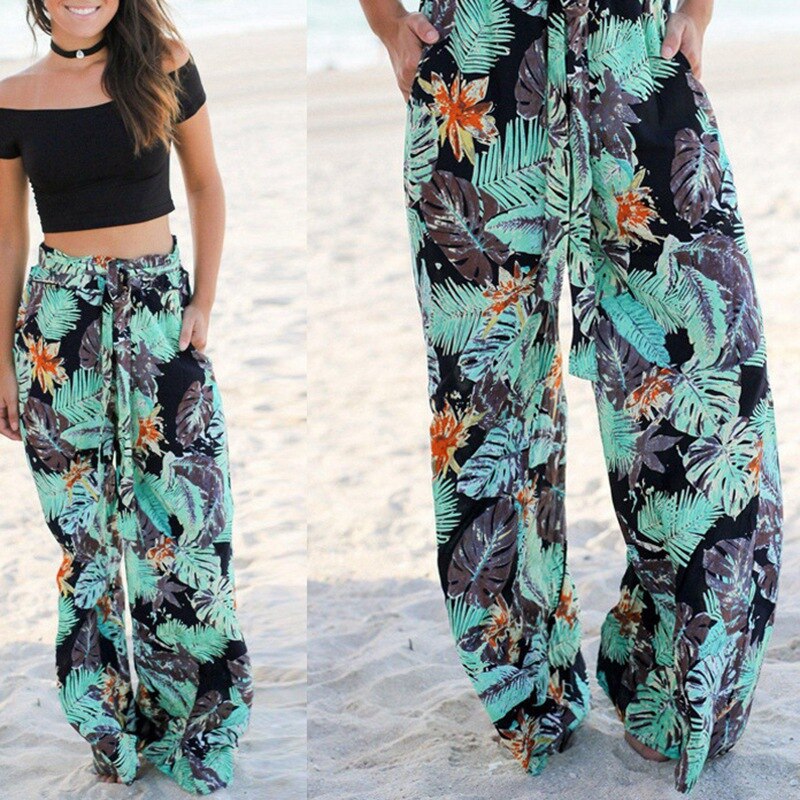 Summer Vintage Boho Wide Leg Pants High Waist Loose Floral Print Long Women Trousers Casual Beach Pants - dianjiang-