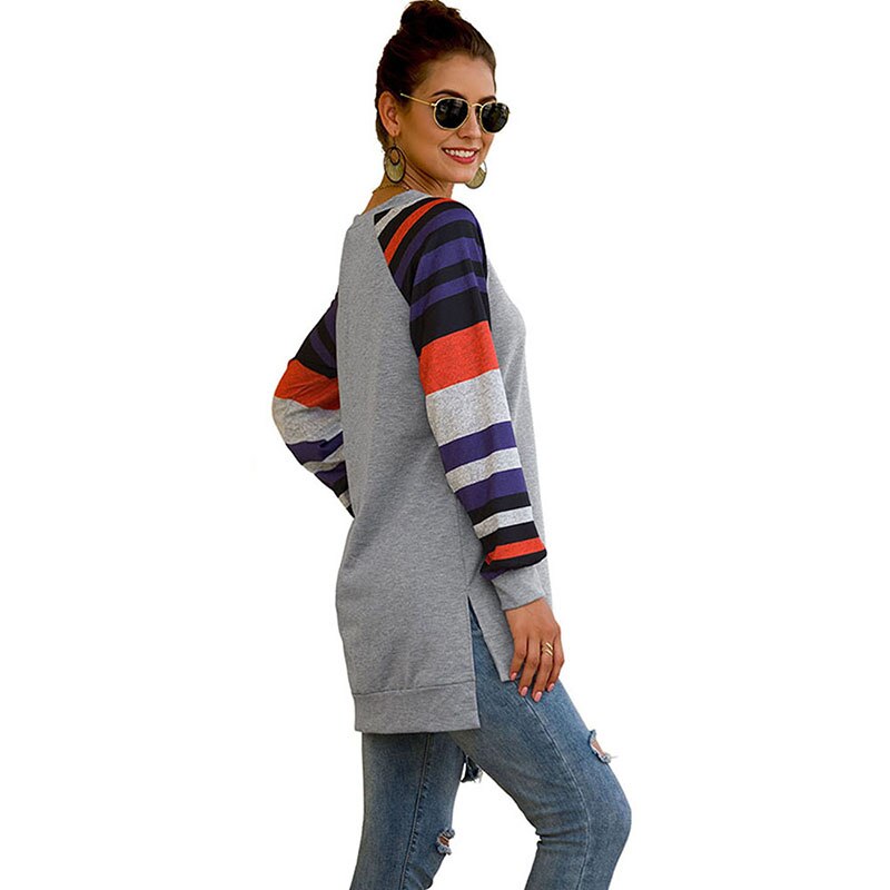 CINESSD Striped Patchwork Casual Tops Tee Shirt Women O Neck Long Sleeve Embroidery Split Loose Pullover Asymmetry Tunic Tshirt - dianjiang-