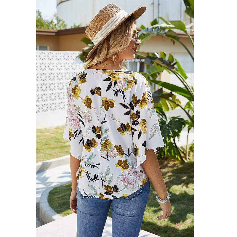 CINESSD Print Chiffon Blouse Women V Neck Flare Sleeves Floral Loose Casual Boho Shirts Knotted 2020 Office Ladies Tops Blouses - dianjiang-