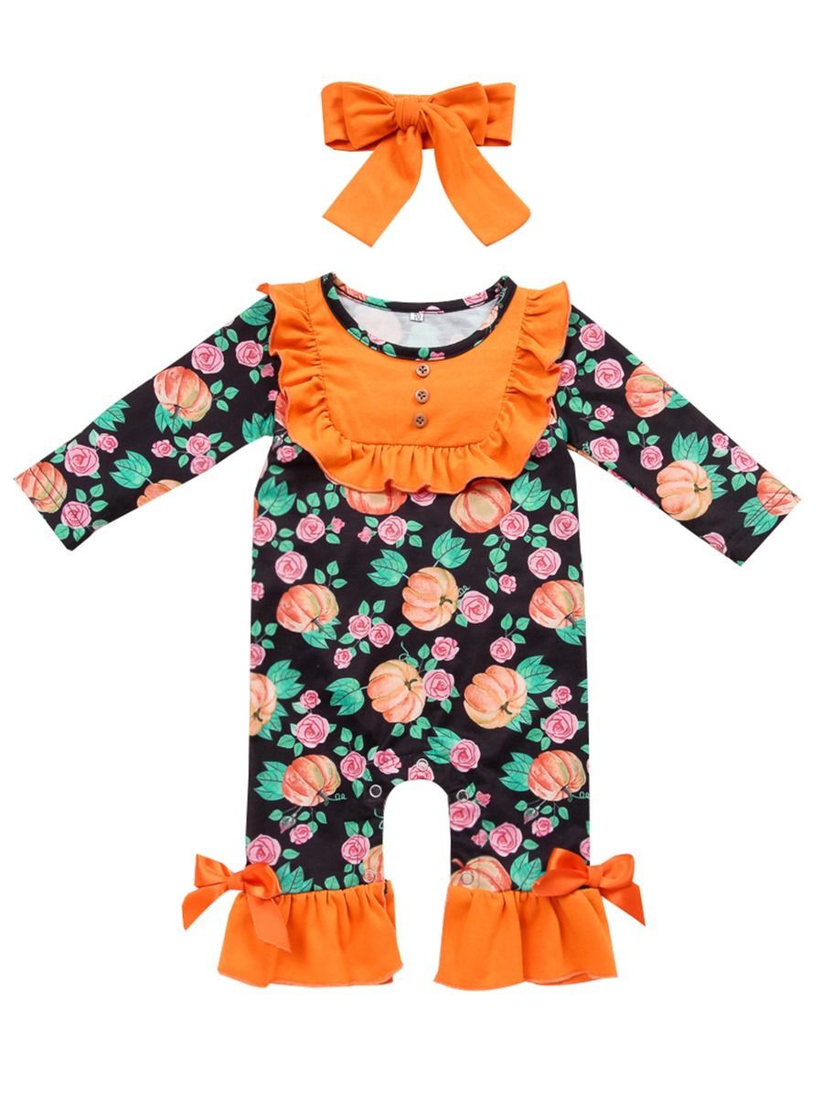 Halloween 2-Piece Pumpkin Allover Print Ruffle Overall+Headband - dianjiang-
