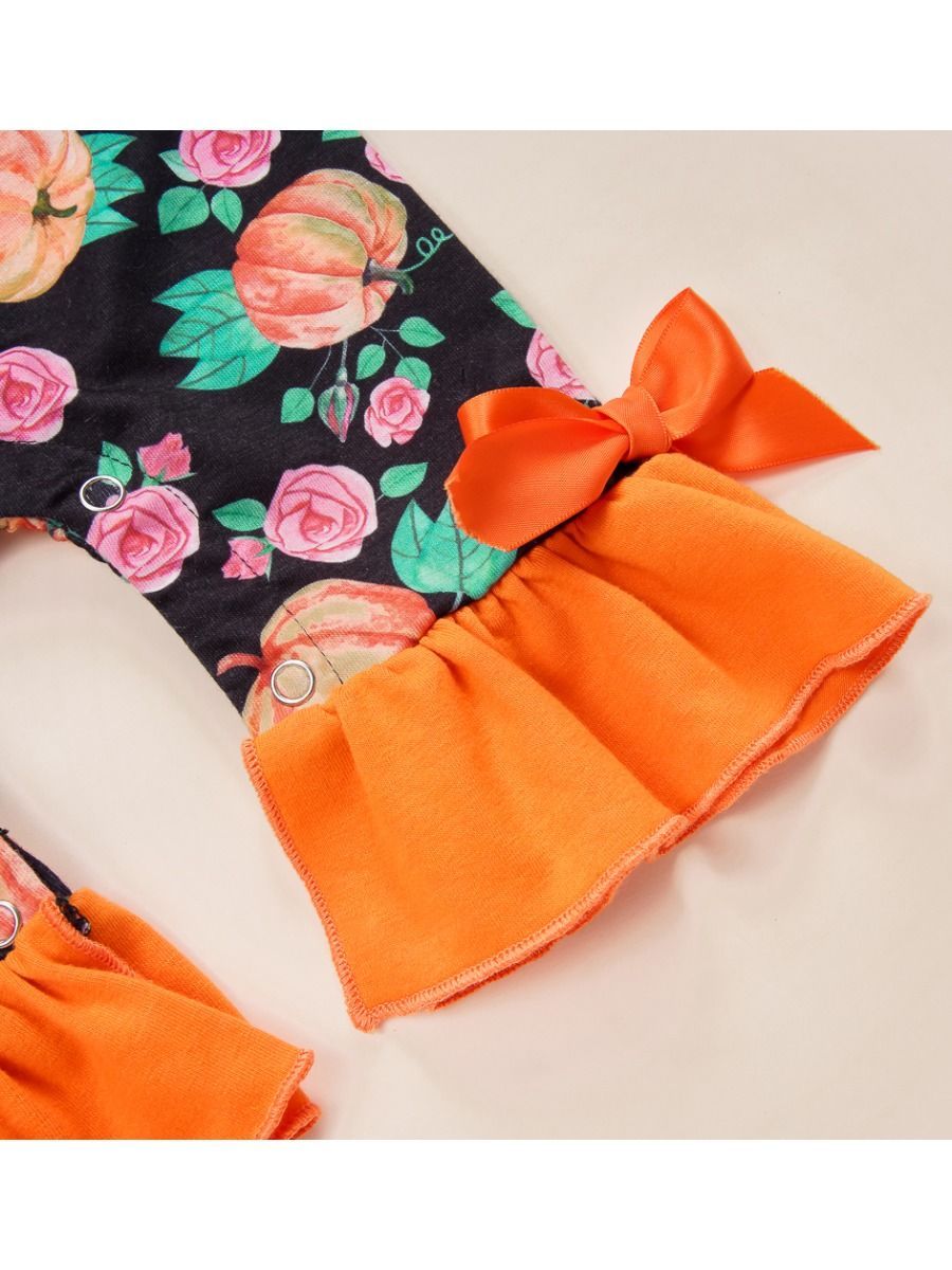 Halloween 2-Piece Pumpkin Allover Print Ruffle Overall+Headband - dianjiang-