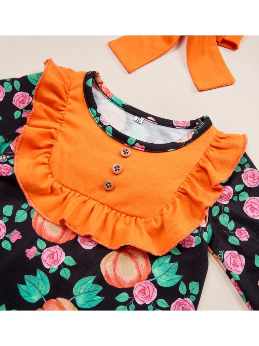 Halloween 2-Piece Pumpkin Allover Print Ruffle Overall+Headband - dianjiang-