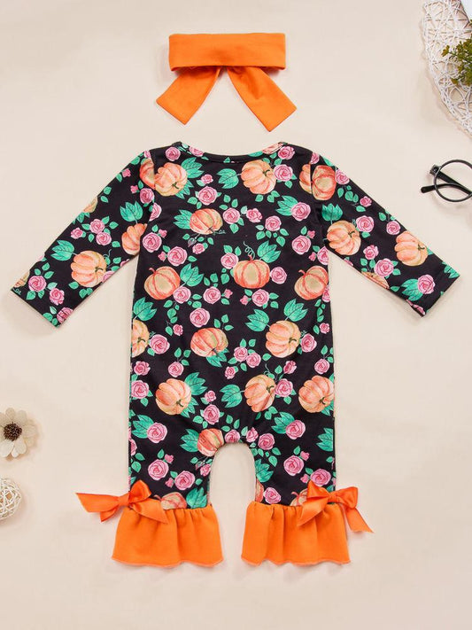 Halloween 2-Piece Pumpkin Allover Print Ruffle Overall+Headband - dianjiang-