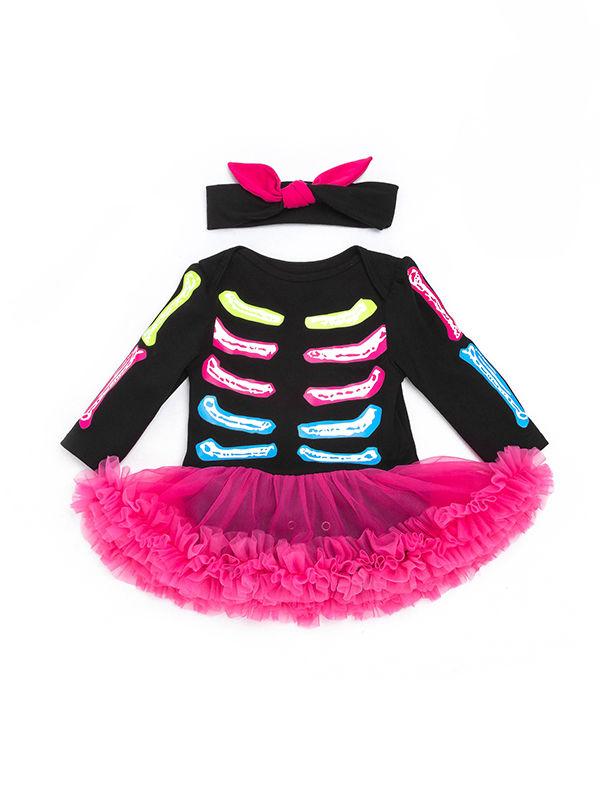 Halloween 2-piece Skeleton Romper Dress+ Headband Set - dianjiang-