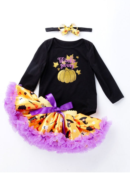 Halloween 3-Pieces Baby Girl Thanksgiving Romper+Tutu Dress+Headband - dianjiang-