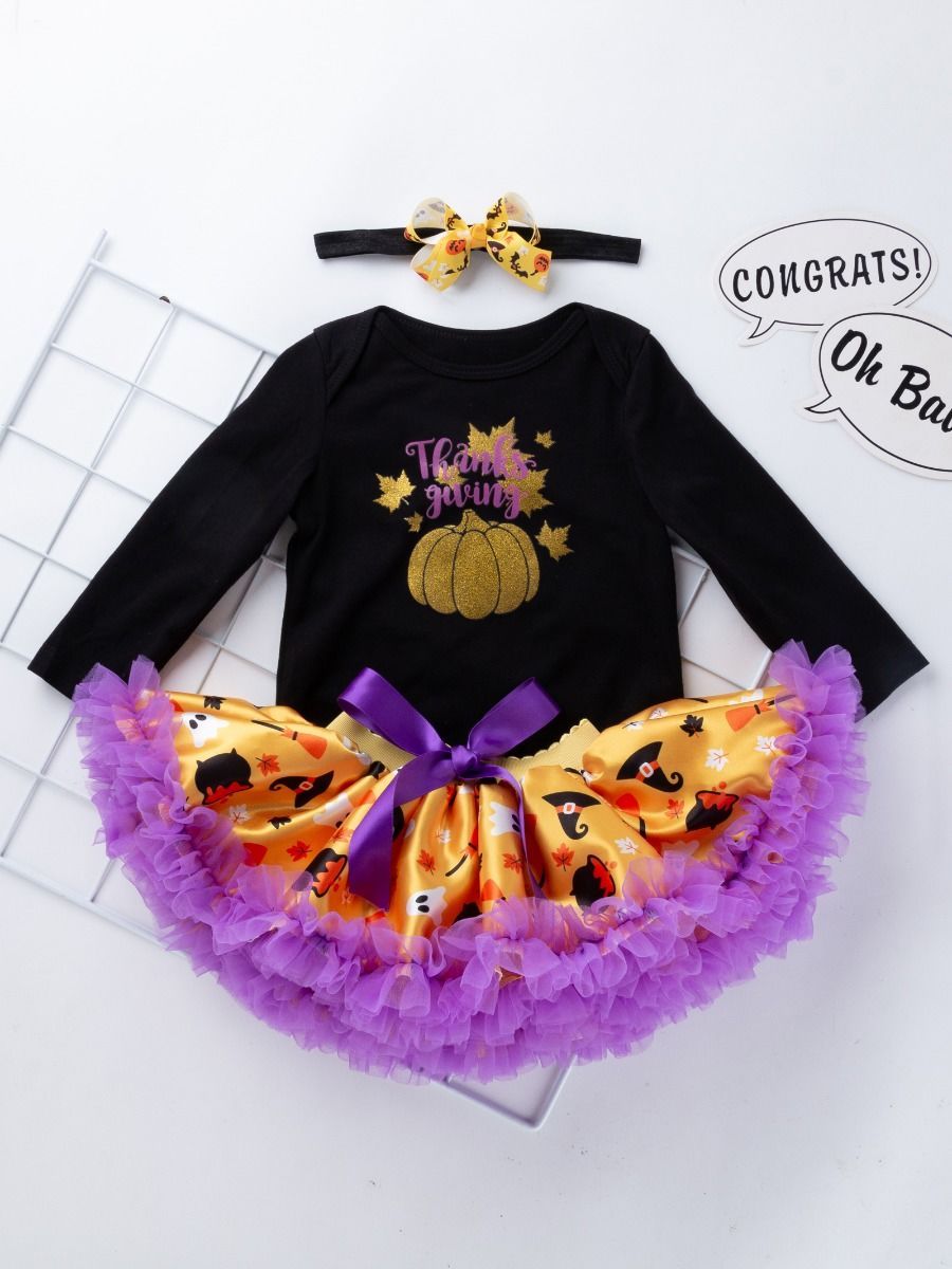 Halloween 3-Pieces Baby Girl Thanksgiving Romper+Tutu Dress+Headband - dianjiang-
