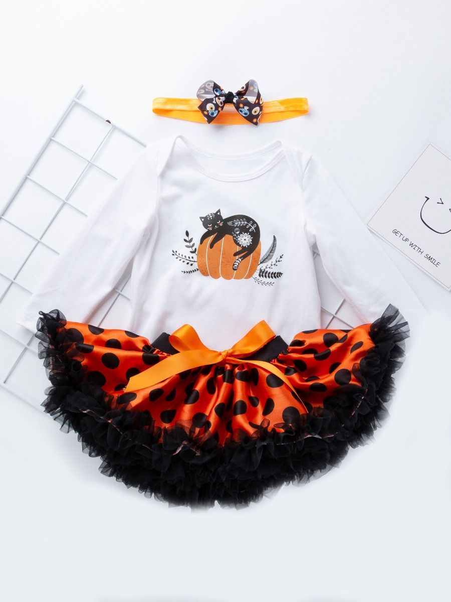 Halloween 3-Pieces Set Pumpkin Romper+Bow Polka Dots Tulle Skirt +Headband - dianjiang-