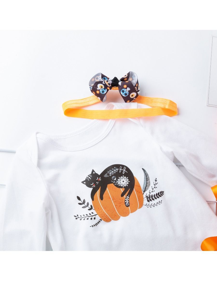 Halloween 3-Pieces Set Pumpkin Romper+Bow Polka Dots Tulle Skirt +Headband - dianjiang-