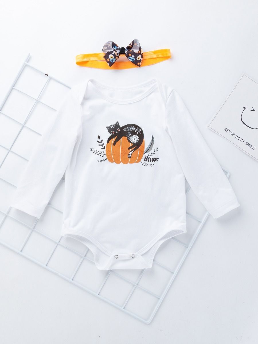Halloween 3-Pieces Set Pumpkin Romper+Bow Polka Dots Tulle Skirt +Headband - dianjiang-