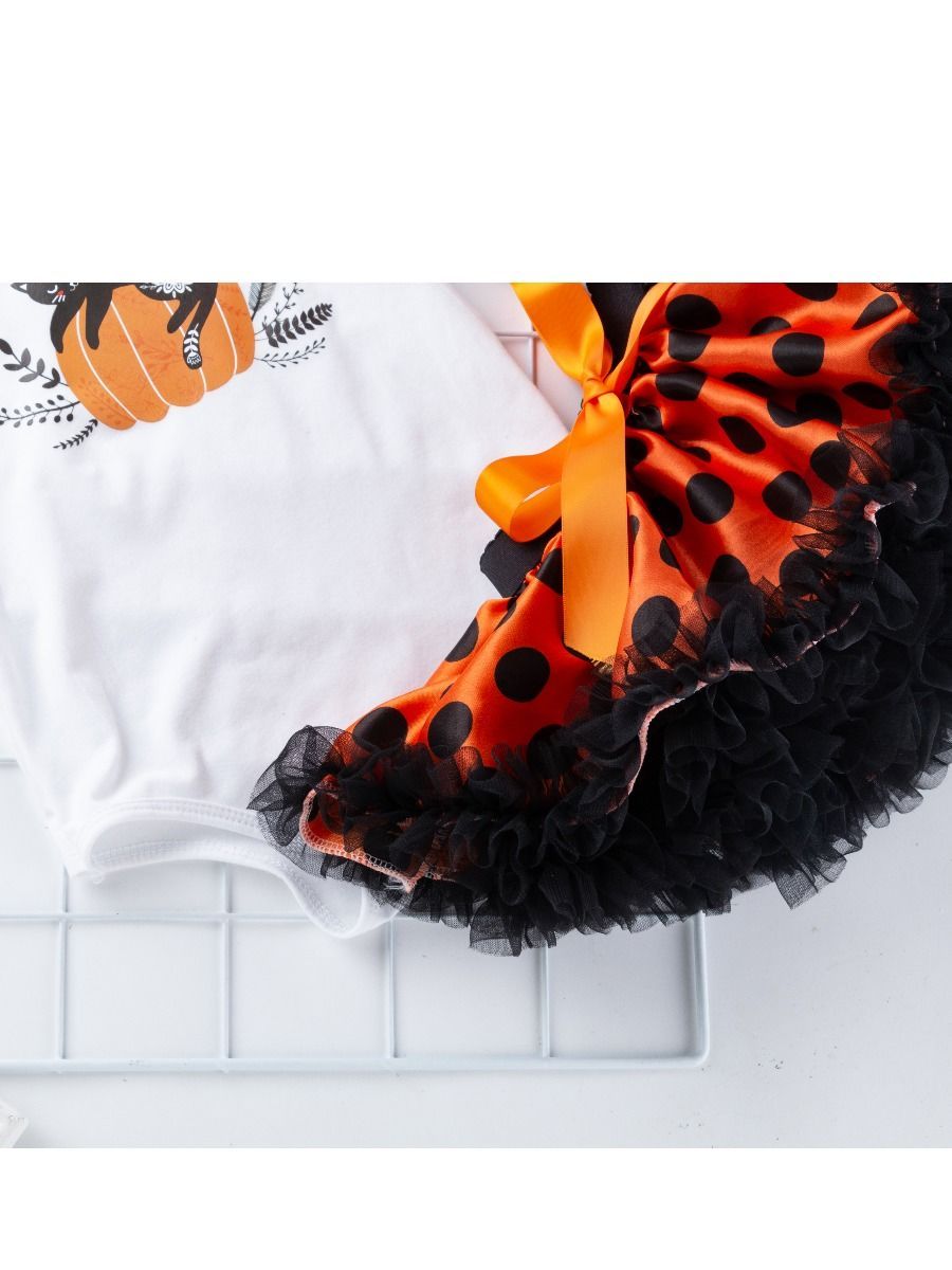 Halloween 3-Pieces Set Pumpkin Romper+Bow Polka Dots Tulle Skirt +Headband - dianjiang-
