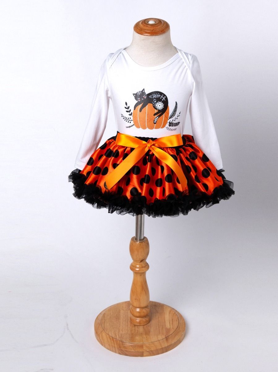 Halloween 3-Pieces Set Pumpkin Romper+Bow Polka Dots Tulle Skirt +Headband - dianjiang-