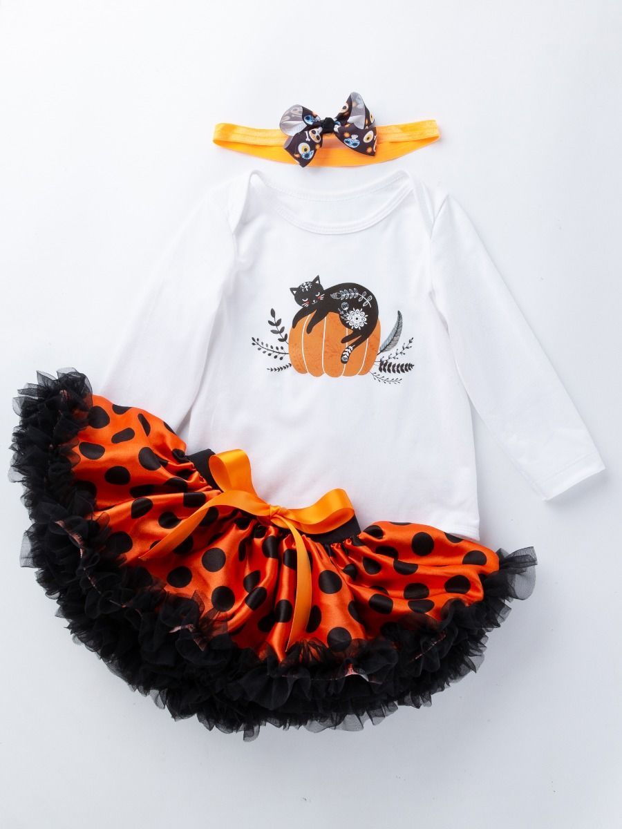 Halloween 3-Pieces Set Pumpkin Romper+Bow Polka Dots Tulle Skirt +Headband - dianjiang-