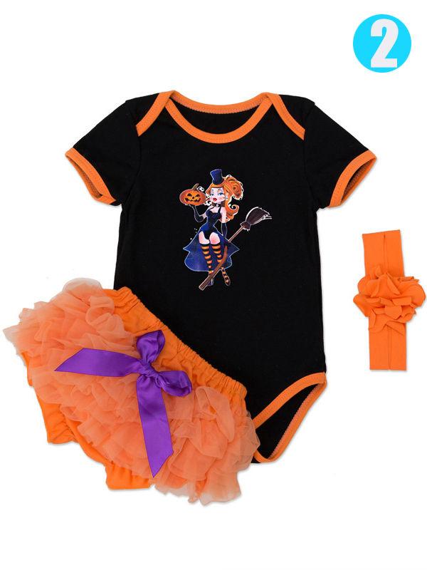 Halloween 3-piece Baby Girls Pumpkin Romper+Tutu-Shorts+Headband - dianjiang-