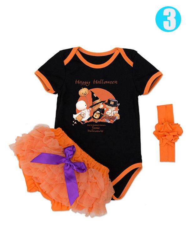Halloween 3-piece Baby Girls Pumpkin Romper+Tutu-Shorts+Headband - dianjiang-