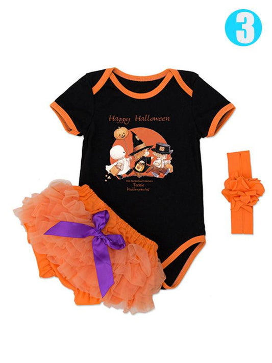 Halloween 3-piece Baby Girls Pumpkin Romper+Tutu-Shorts+Headband - dianjiang-