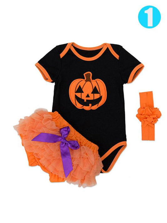 Halloween 3-piece Baby Girls Pumpkin Romper+Tutu-Shorts+Headband - dianjiang-