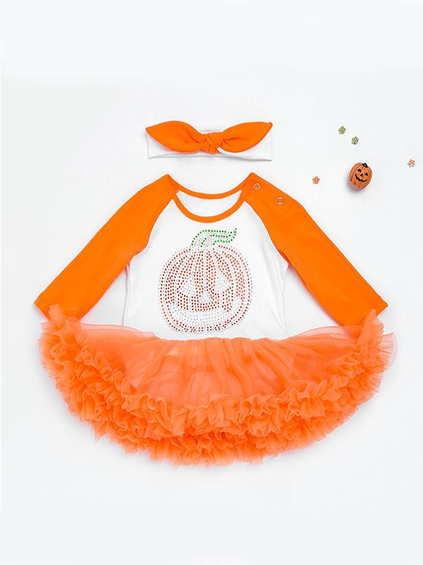 Halloween Baby Girls 2-piece Set Pumpkin Romper Dress+Headband - dianjiang-