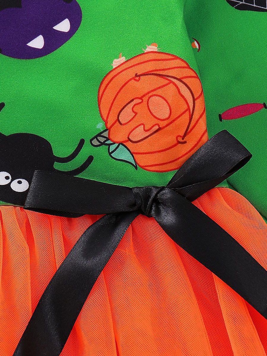 Halloween Baby Toddler Girl Pumpkin Ghost Printed Mesh Patchwork Dress - dianjiang-