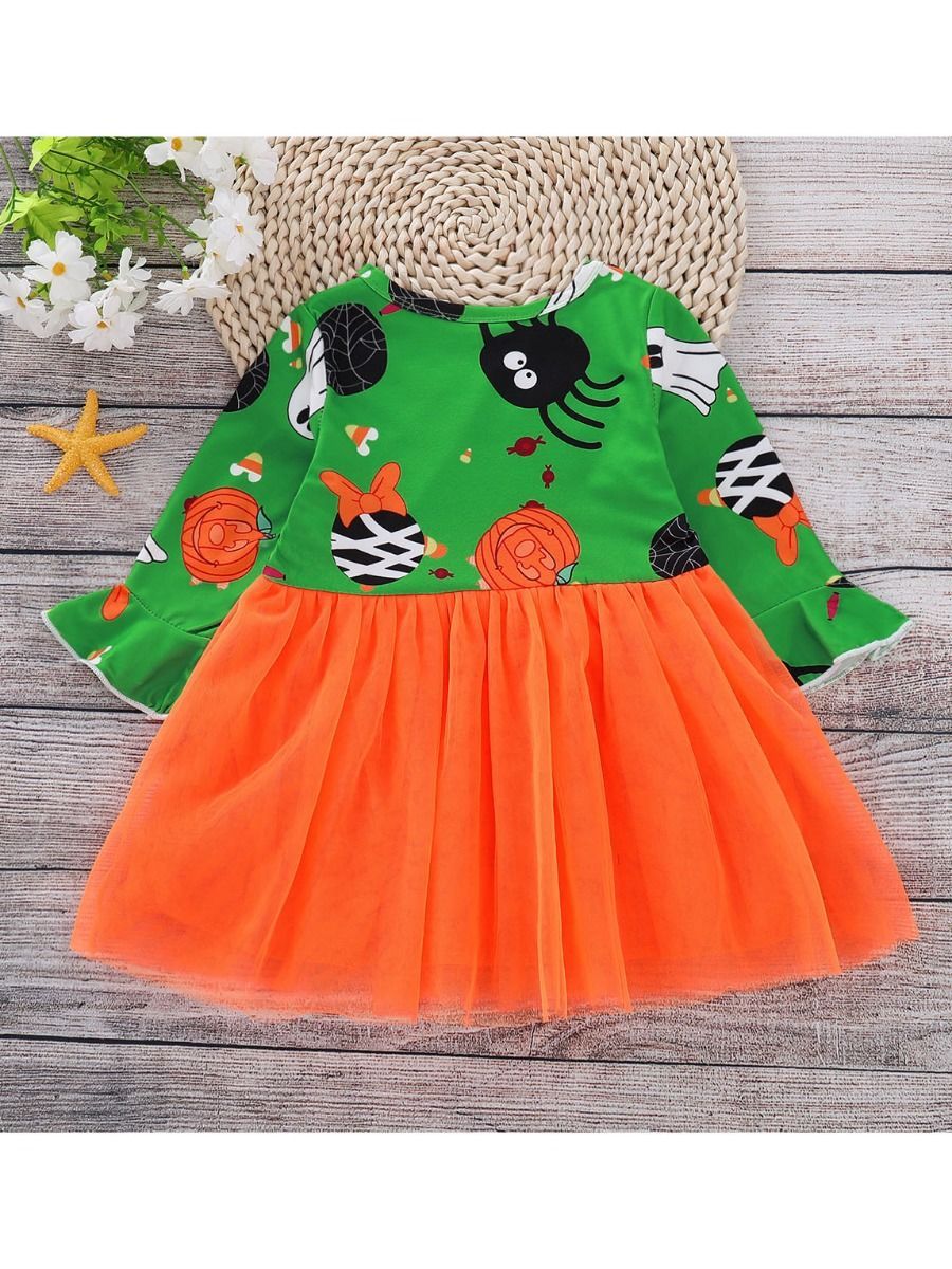 Halloween Baby Toddler Girl Pumpkin Ghost Printed Mesh Patchwork Dress - dianjiang-